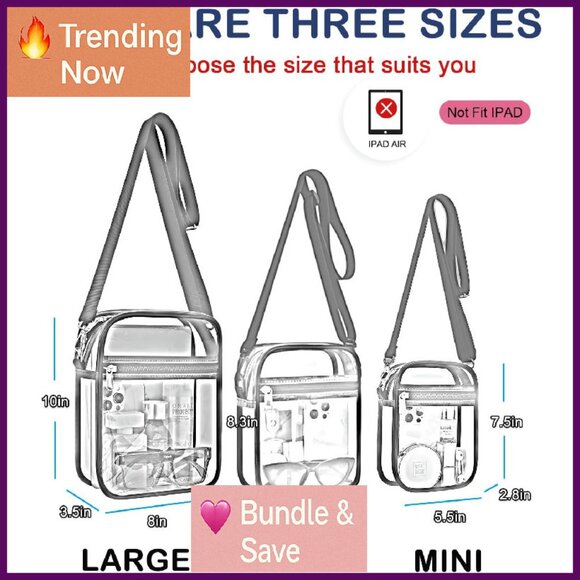 Clear Stadium Approved Crossbody Bag, Transparent Messenger Purse - Picture 2 of 4